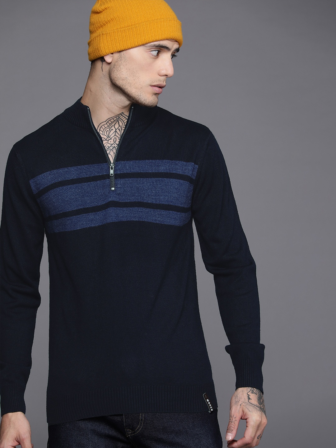 

WROGN Men Navy Blue Striped Pullover Sweater