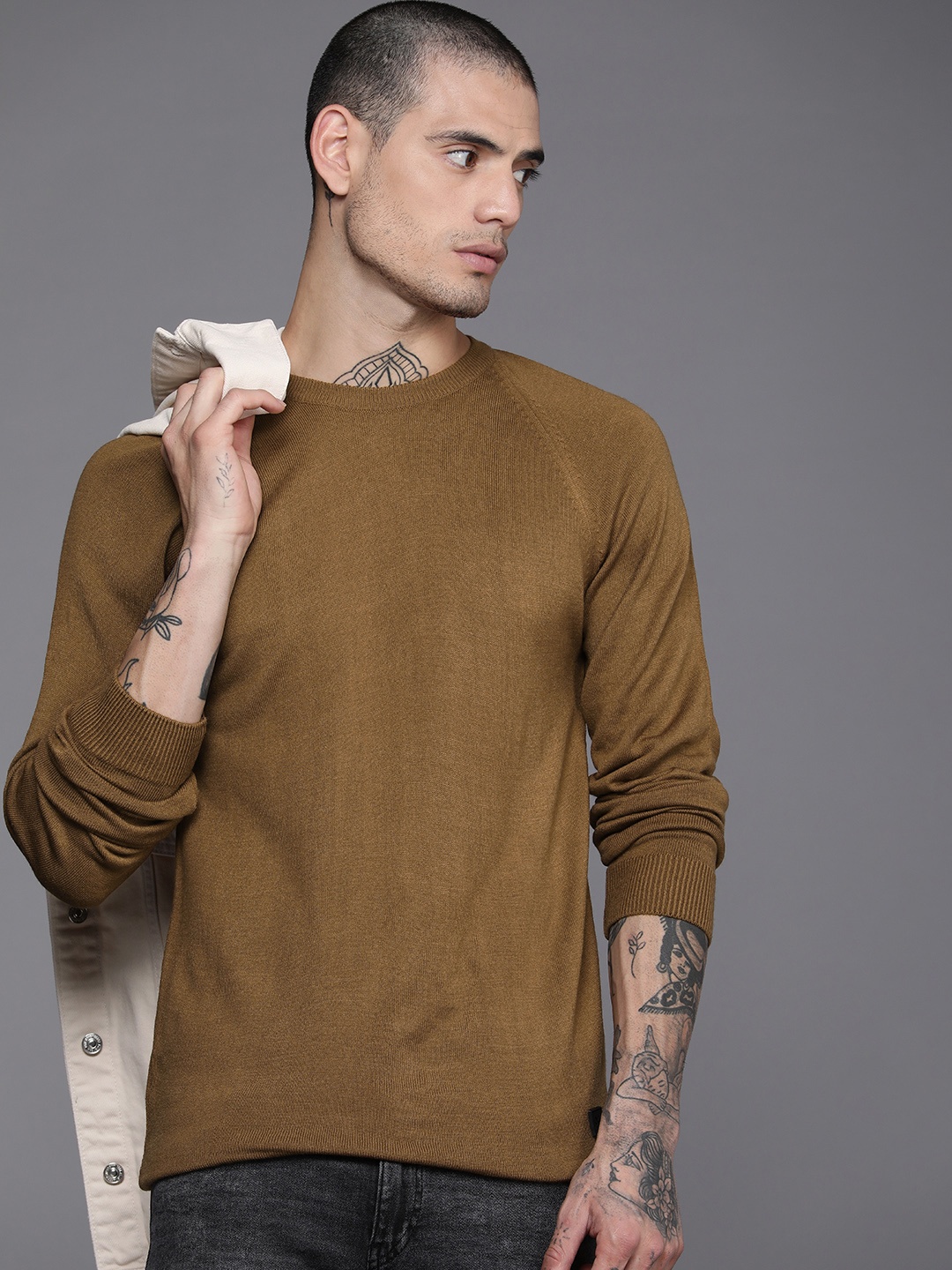 WROGN Men Tan Brown Solid Pullover
