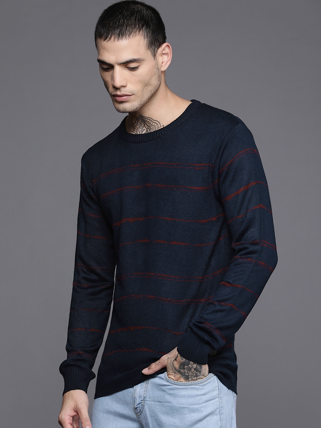 

WROGN Men Navy Blue Striped Pullover