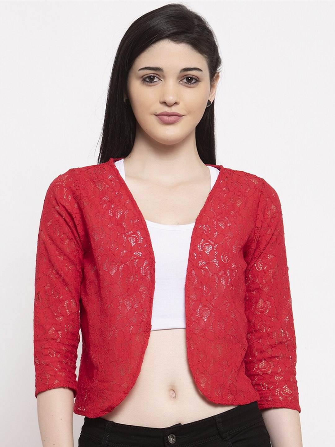 

UnaOne Women Red Crop Open Front Shrug