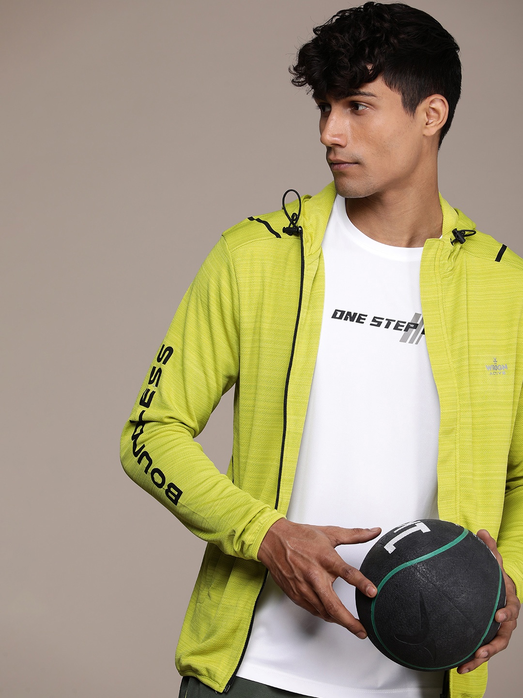 

WROGN ACTIVE Self Design Hooded Front-Open Sweatshirt, Lime green