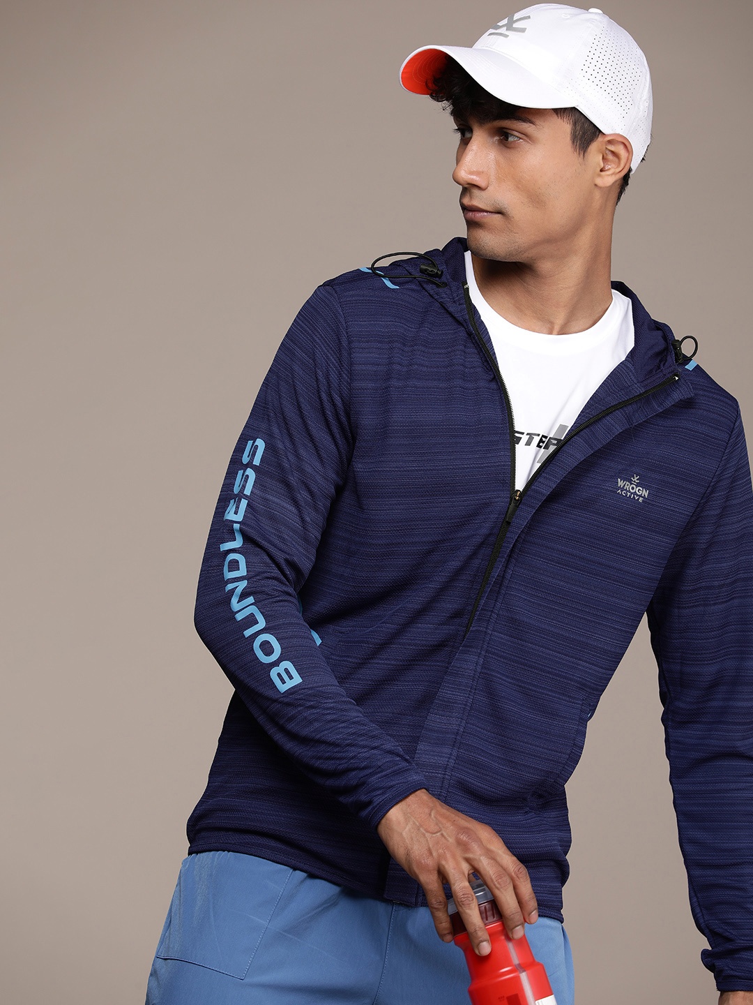 

WROGN ACTIVE Self Design Hooded Front-Open Sweatshirt, Blue