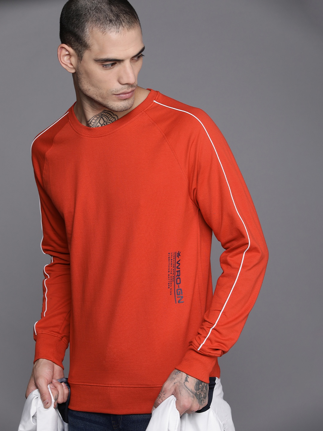 WROGN Men Orange Brand Logo Printed Applique Sweatshirt