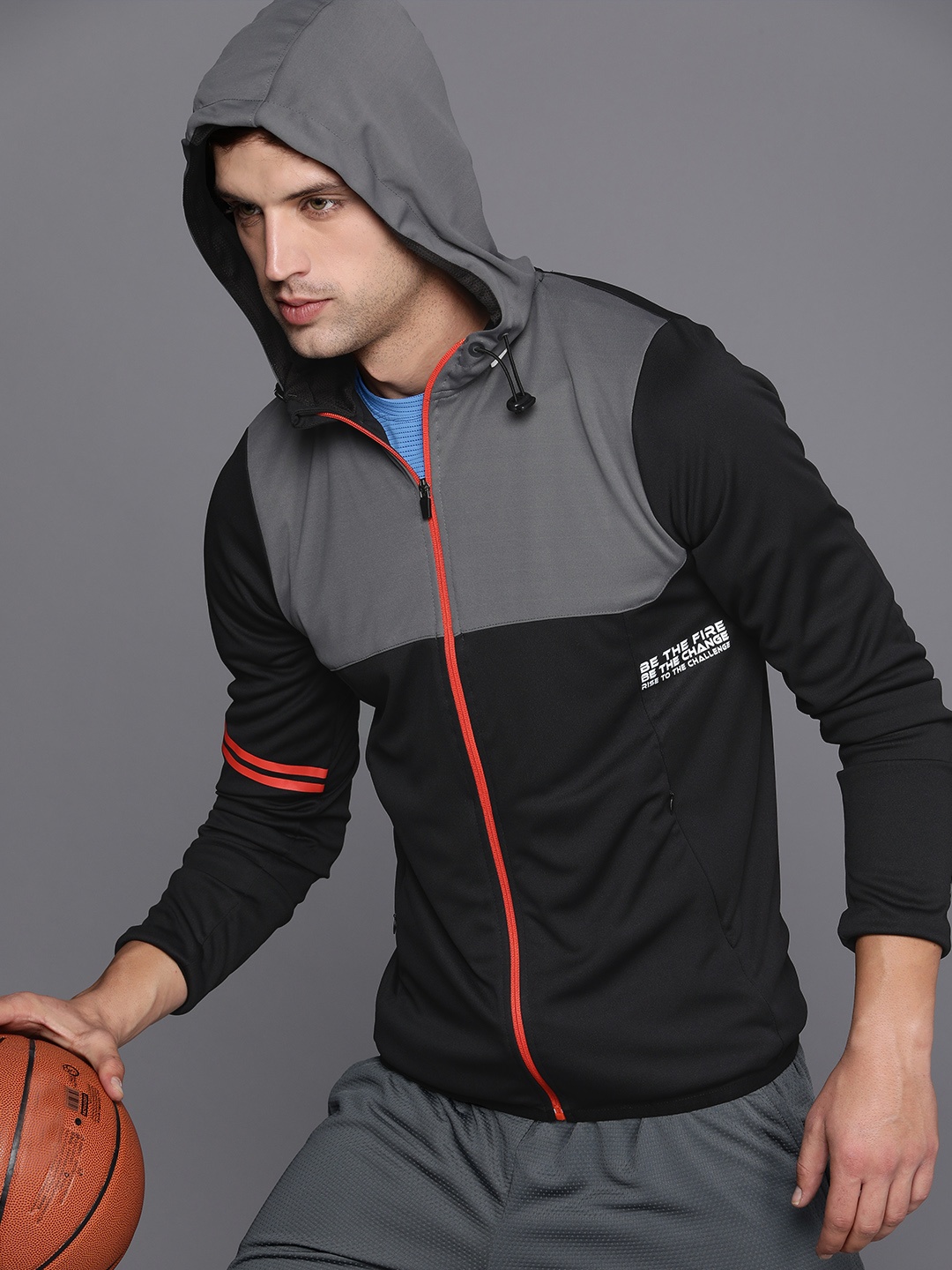 

WROGN ACTIVE Men Black And Grey Colourblocked Hooded Sweatshirt