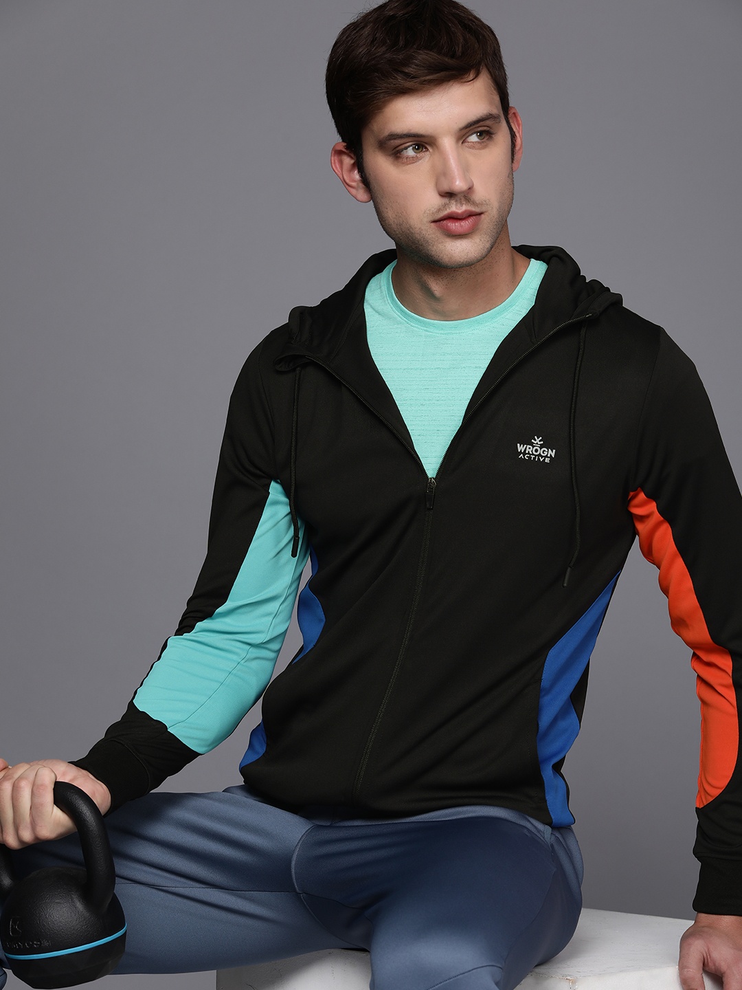 

WROGN ACTIVE Men Black And Blue Colourblocked Hooded Front-Open Sweatshirt