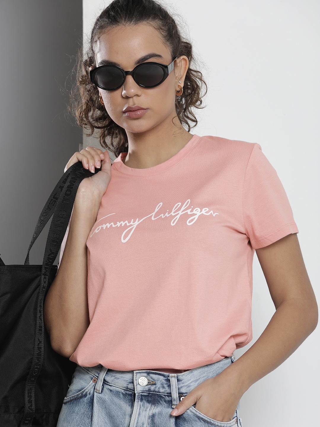 

Tommy Hilfiger Women Peach Pink Brand Logo Print Round Neck Pure Cotton T-shirt