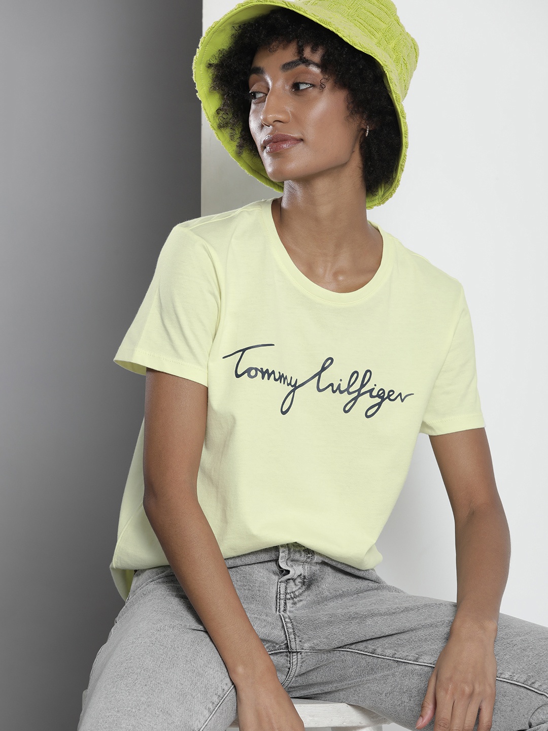 

Tommy Hilfiger Women Yellow Brand Logo Printed Pure Cotton T-shirt