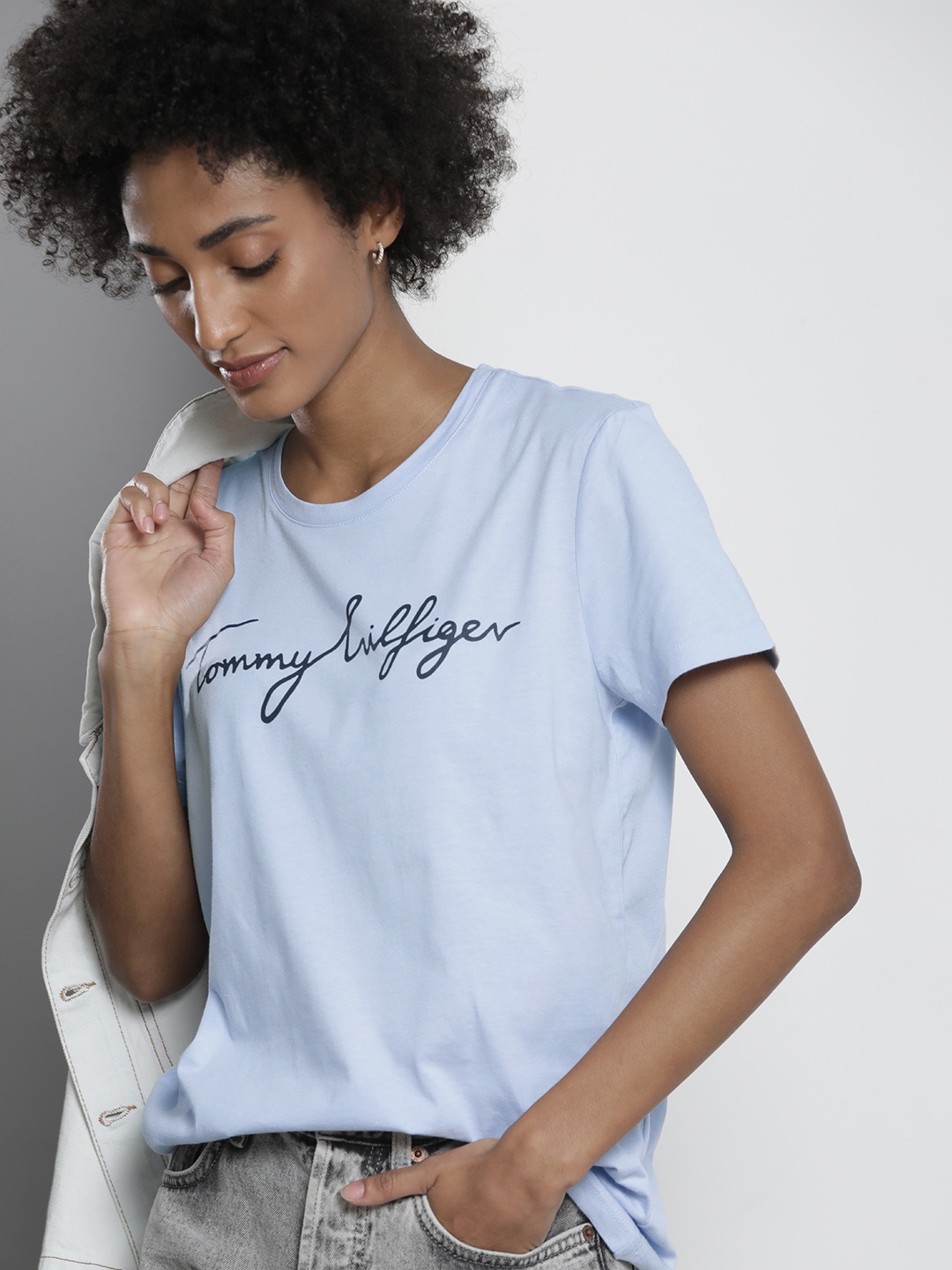 

Tommy Hilfiger Women Blue Brand Logo Printed Pure Cotton T-shirt