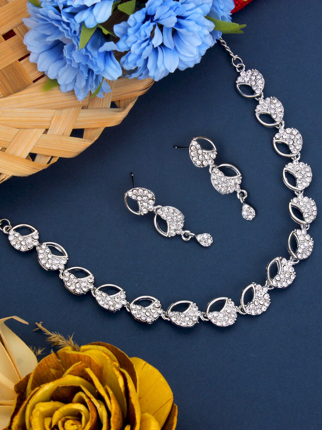 

Atasi International Silver-Plated White Crystal Studded Jewellery Set