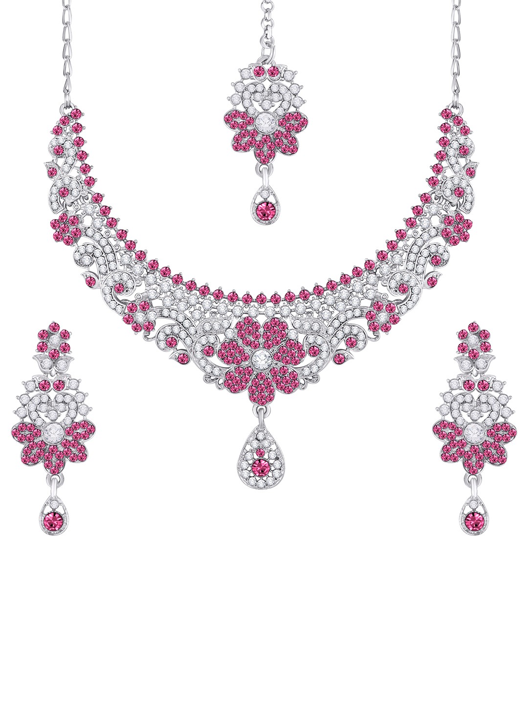 

Atasi International Women Silver-Plated White & Pink Crystal Studded Jewellery Set