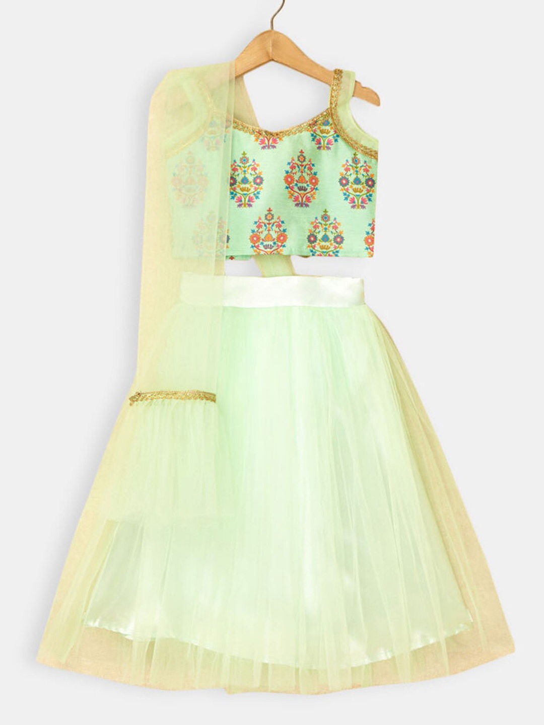 

Hopscotch Girls Green & Beige Printed Ready to Wear Lehenga & Blouse With Dupatta