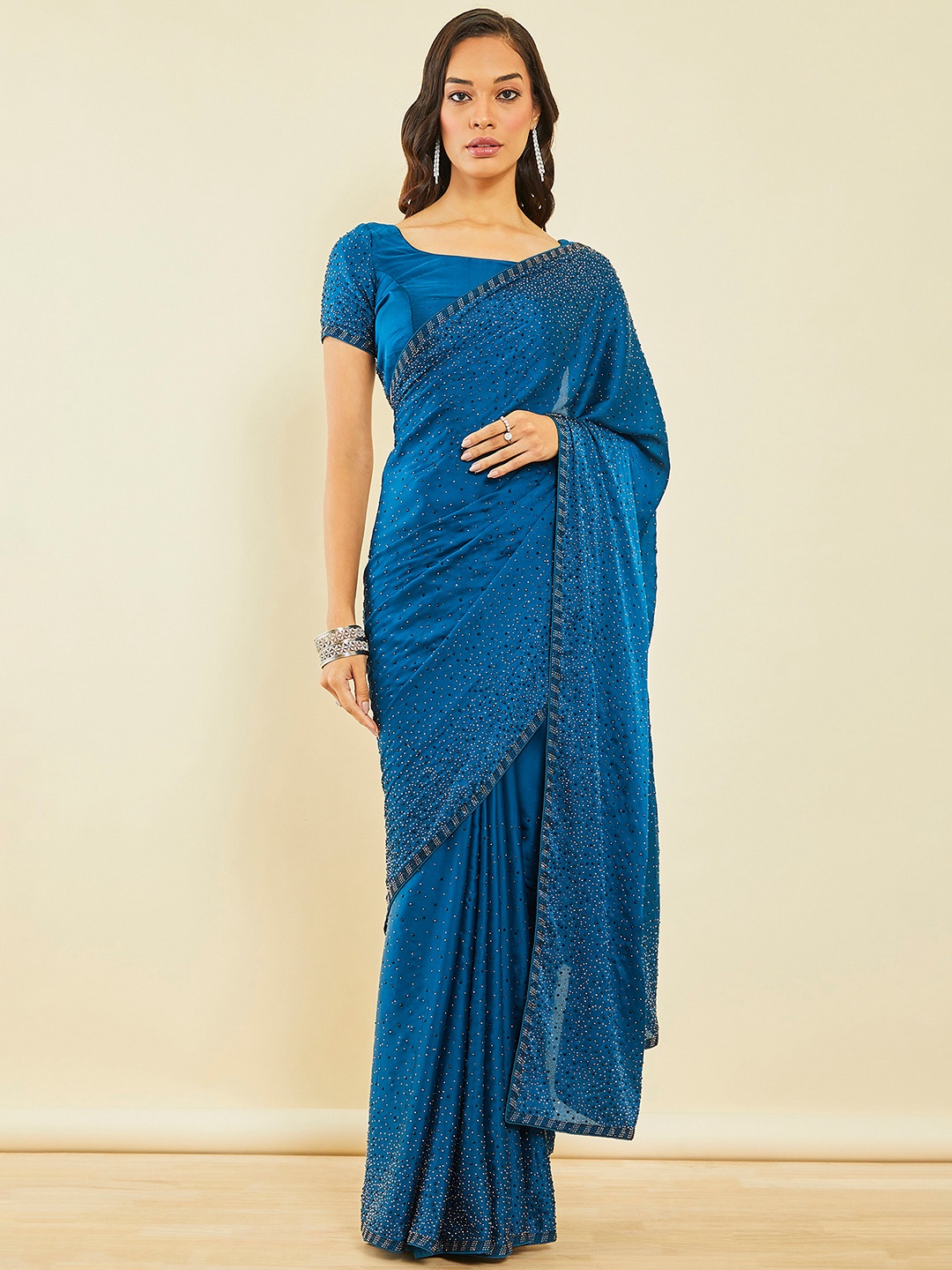 

Soch Blue & Gold-Toned Embellished Beads and Stones Pure Georgette Saree