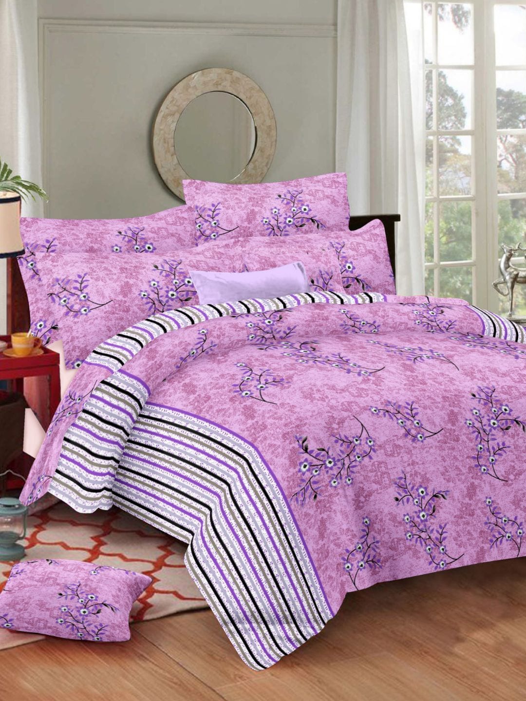 

Sleeping Owls- because your sleep matters Purple & White Floral 186 TC Queen Bedsheet with 2 Pillow Covers