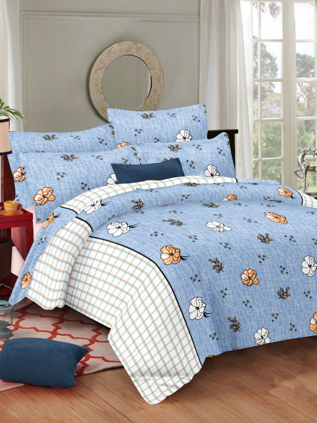 

Sleeping Owls- because your sleep matters Blue Floral 186 TC Bedsheet with 2 Pillow Covers