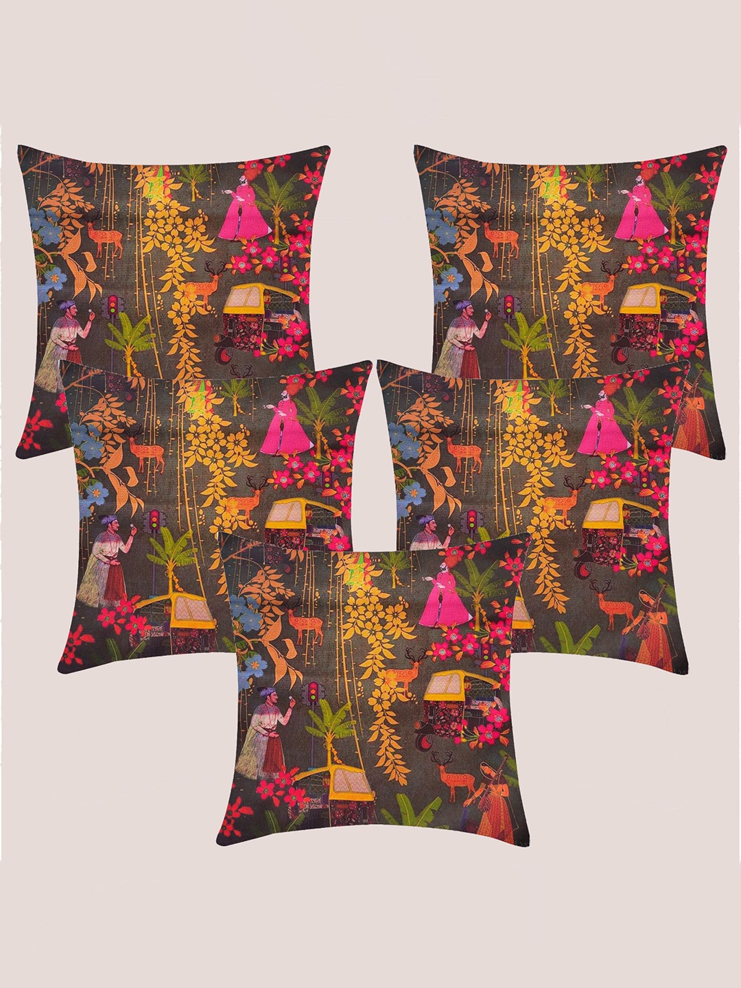 

Molcha Green & Pink Set of 5 Quirky Square Cushion Covers