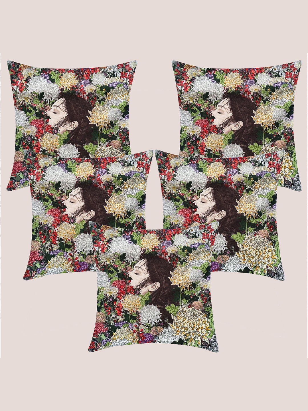 

Molcha Green & Pink Set of 5 Printed Square Cushion Covers