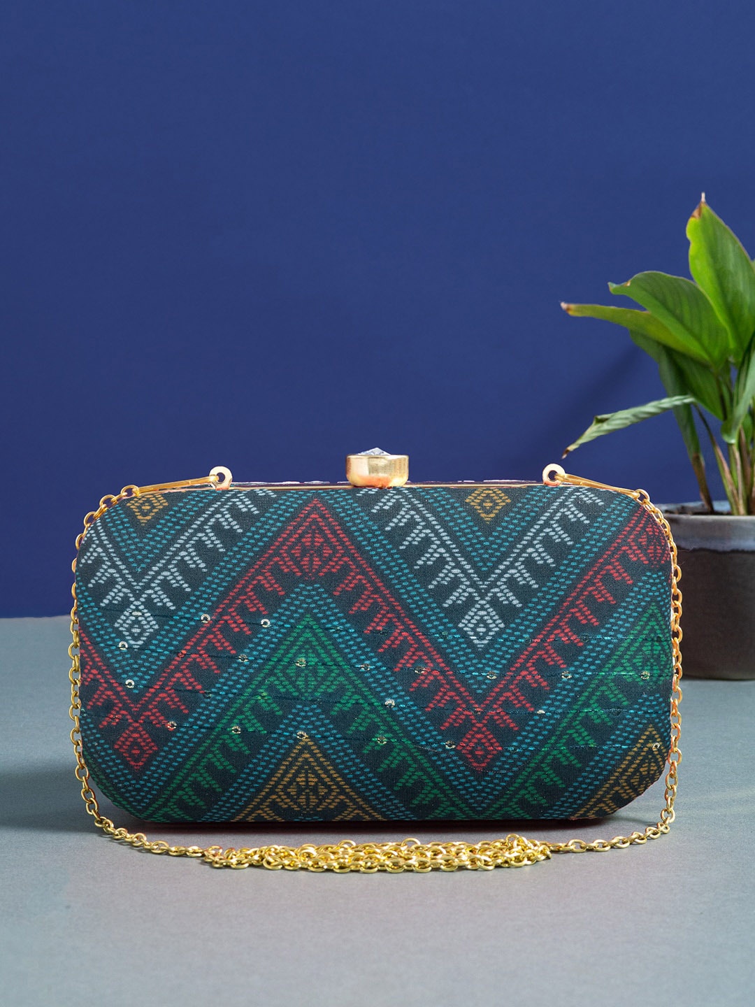 

Golden Peacock Women Teal Printed Clutch