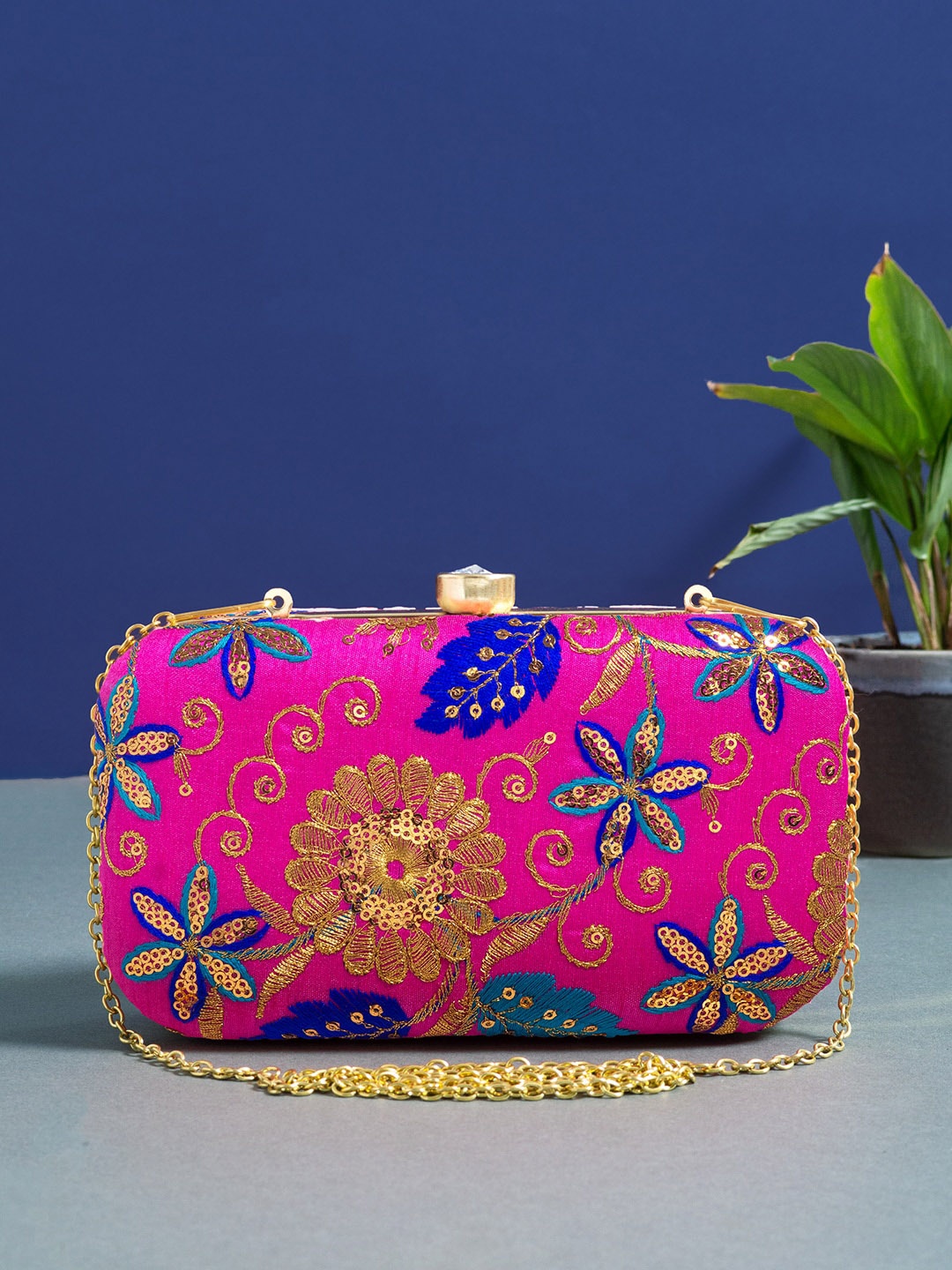 

Golden Peacock Women Pink & Blue Embroidered Box Clutch