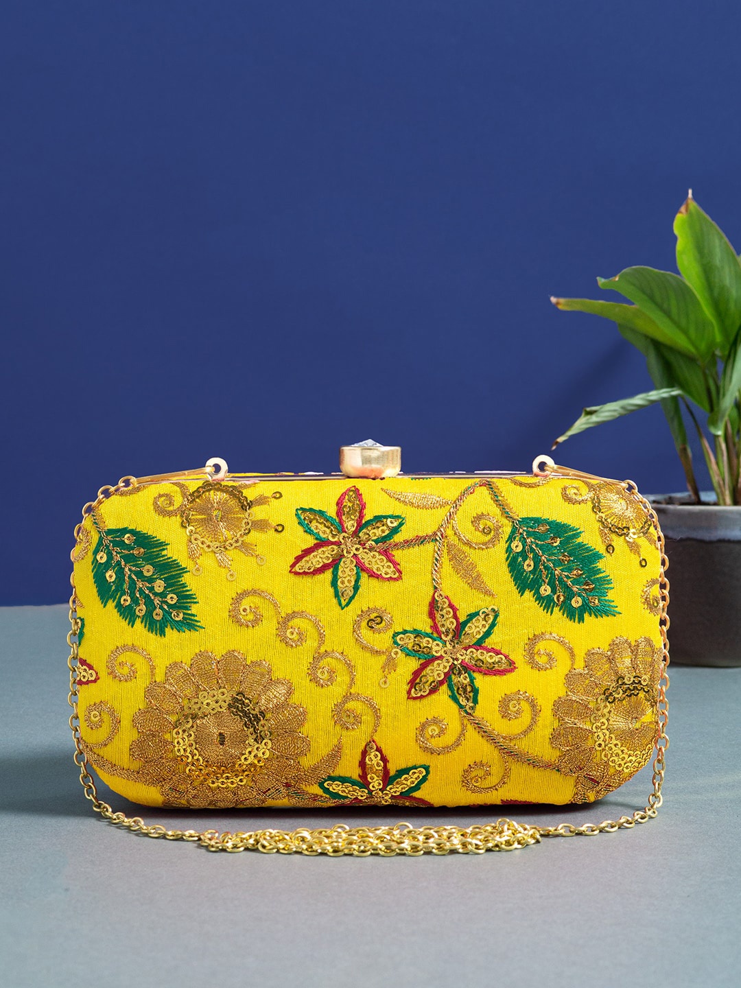 

Golden Peacock Women Yellow & Green Floral Embroidered Box Clutch