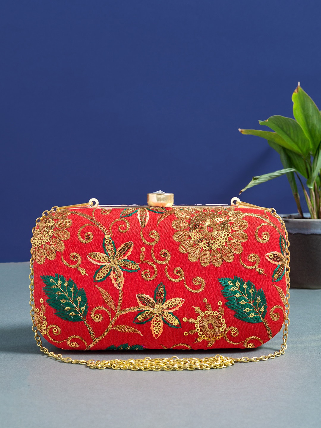 

Golden Peacock Red & Gold-Toned Embroidered Box Clutch