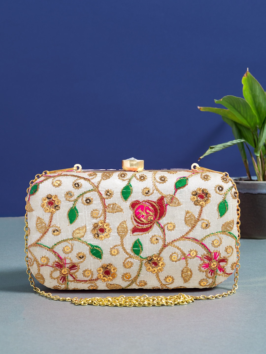 

Golden Peacock White & Green Embroidered Box Clutch