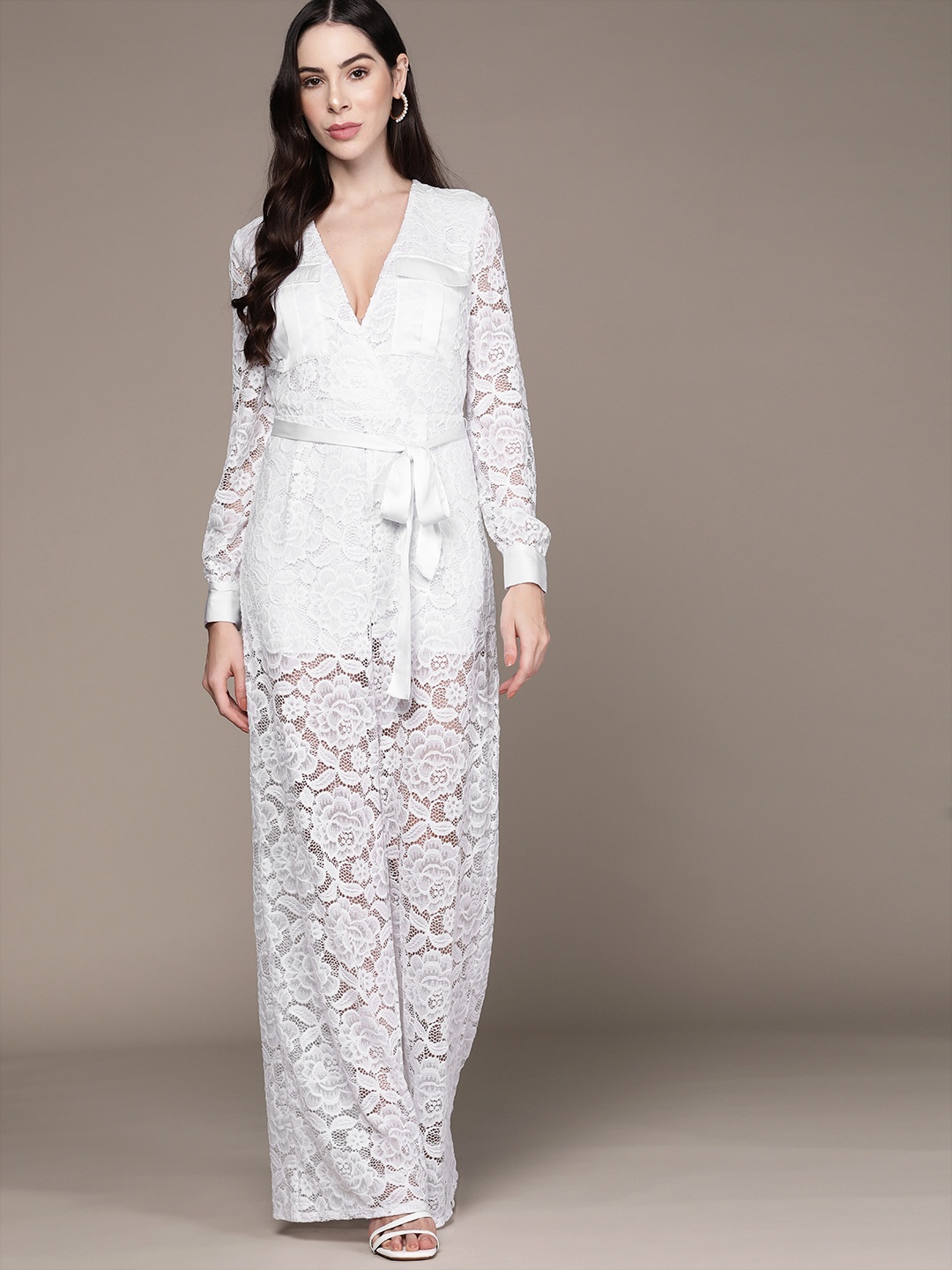 

bebe Women White Lace Detail Future Glam Basic V-Neck Jumpsuit