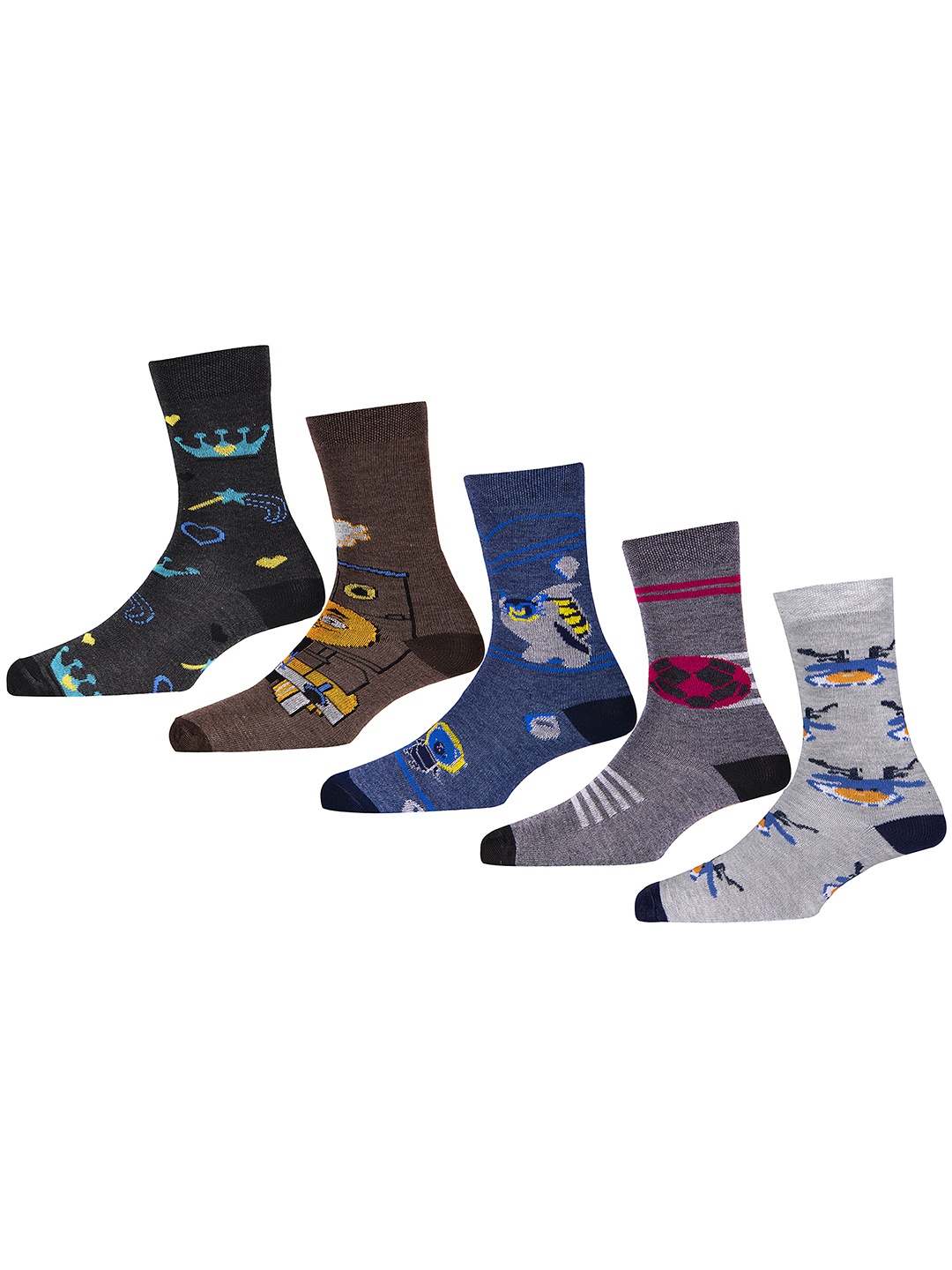 

RC. ROYAL CLASS Kids Pack Of 5 Patterned Calf Length Socks, Grey