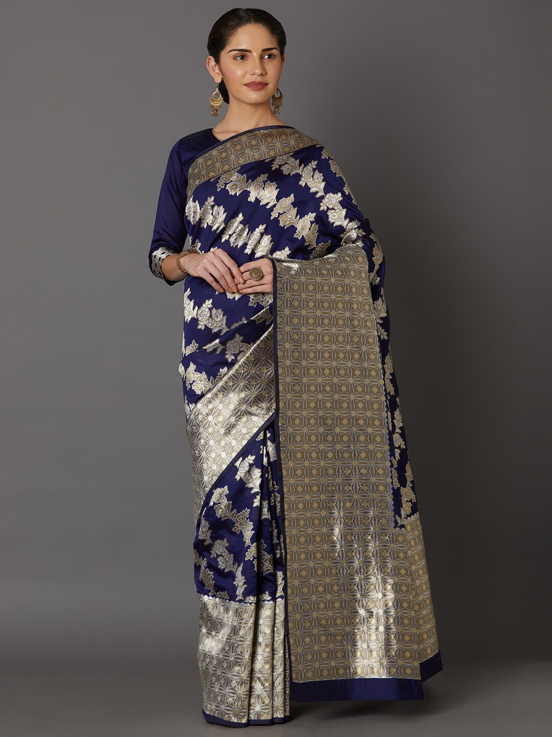 

Mitera Navy Blue & Gold-Toned Woven Design Zari Art Silk Banarasi Saree
