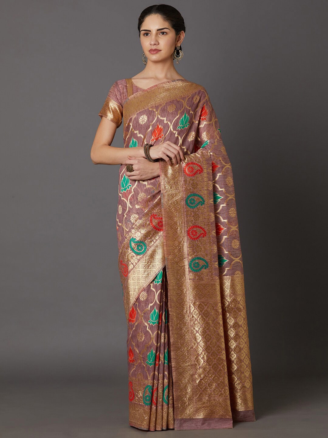 

Mitera Rust & Gold-Toned Ethnic Motifs Zari Khandua Silk Dharmavaram Saree