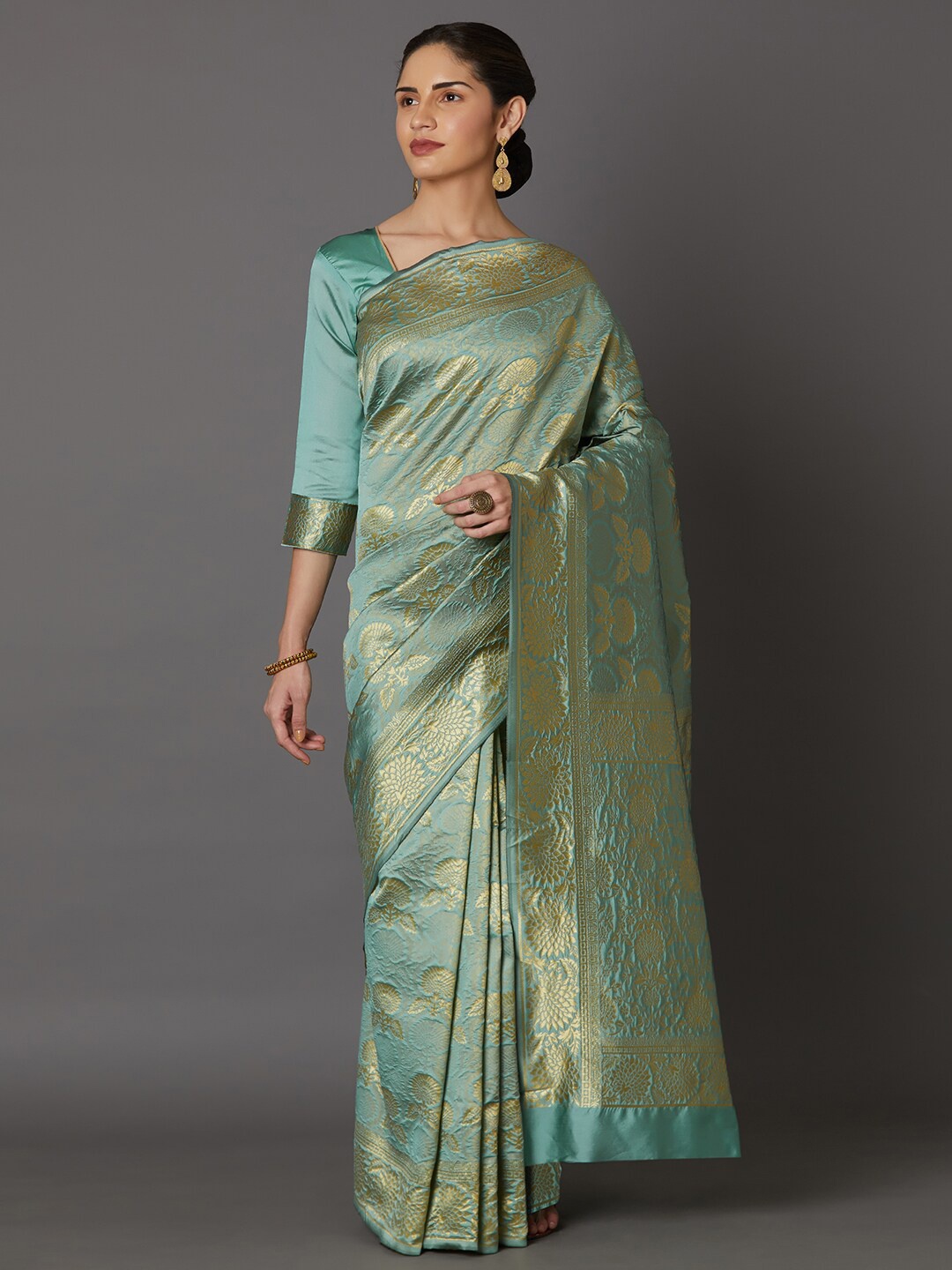 

Mitera Sea Green & Gold-Toned Floral Zari Art Silk Banarasi Saree