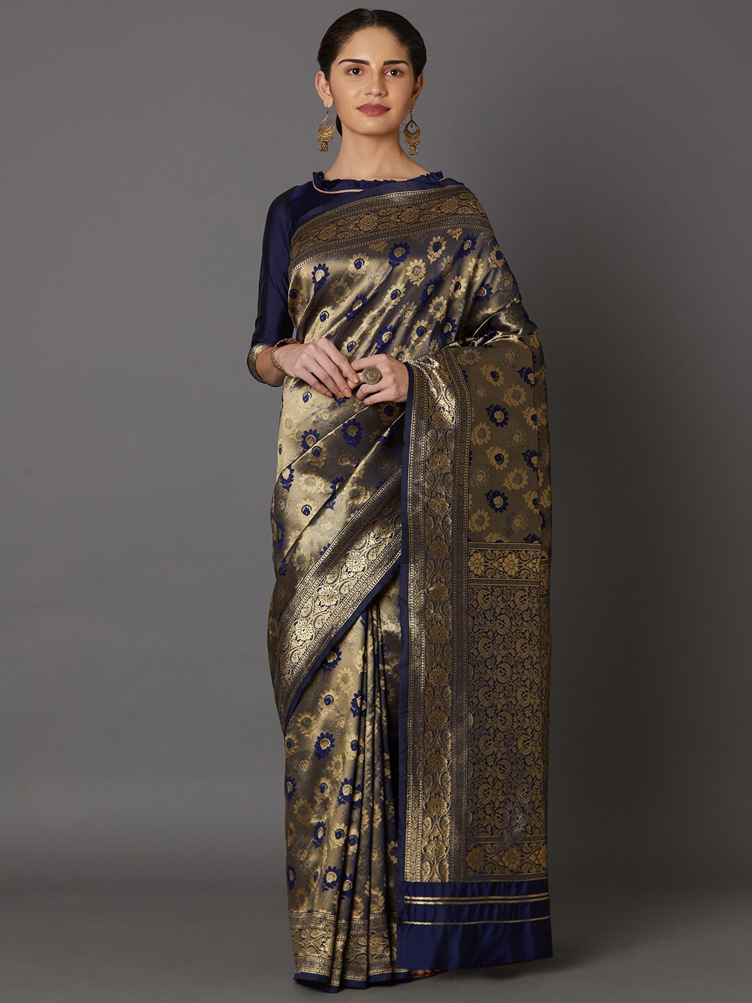 

Mitera Navy Gold & Blue Floral Zari Art Silk Banarasi Saree