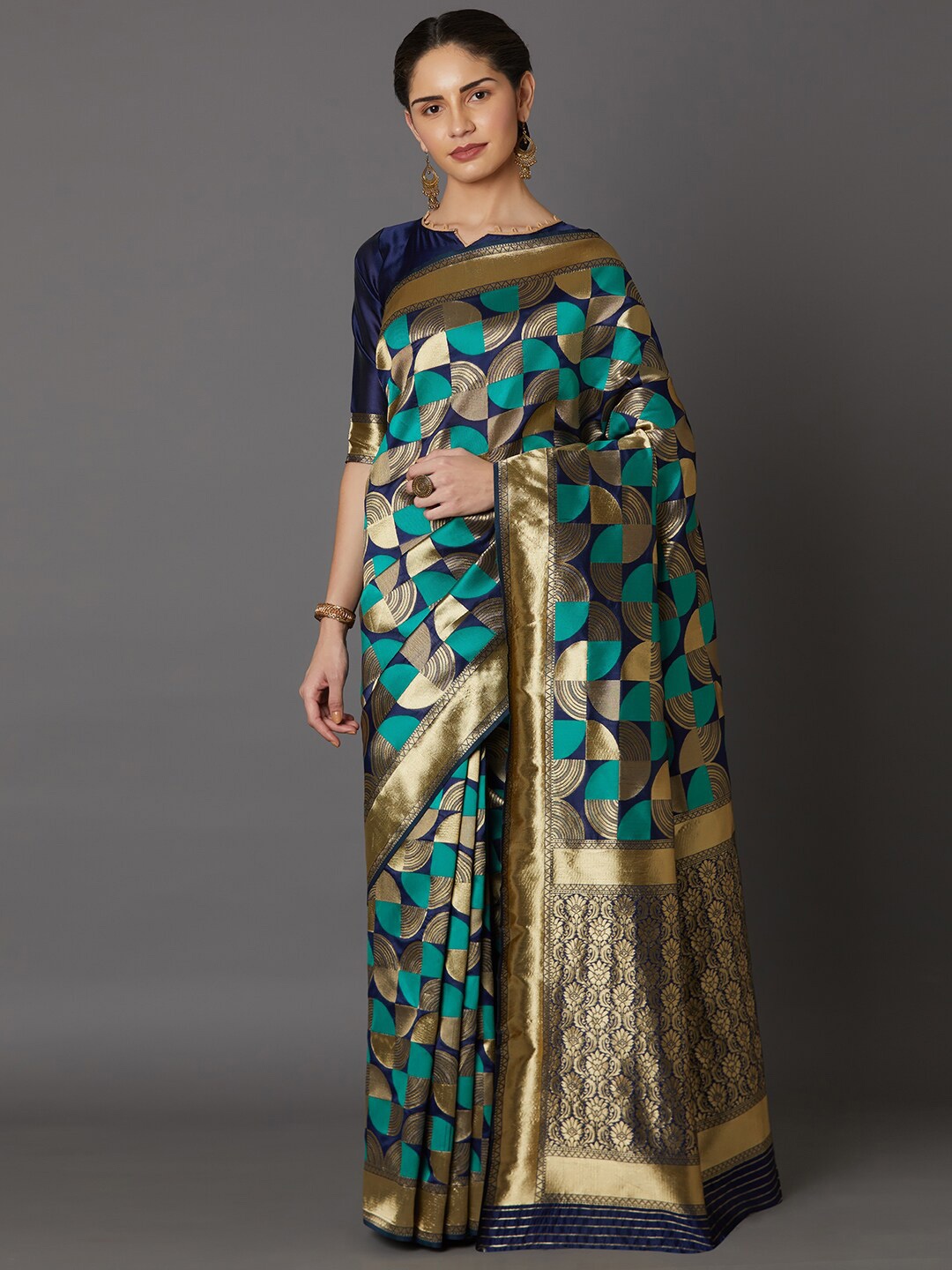 

Mitera Turquoise Blue & Gold-Toned Woven Design Zari Art Silk Banarasi Saree