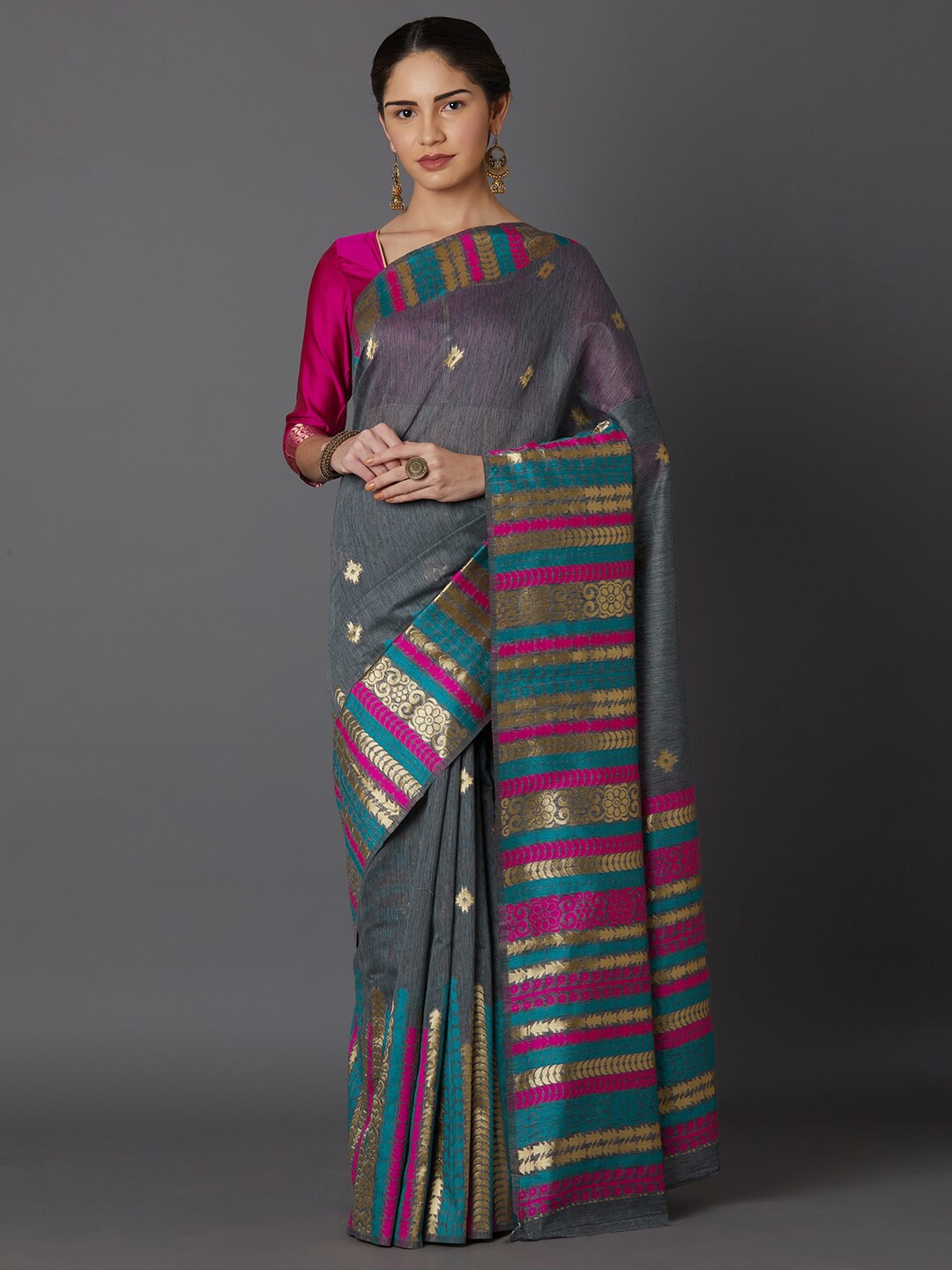 

Mitera Grey Woven Design Zari Silk Blend Kanjeevaram Saree