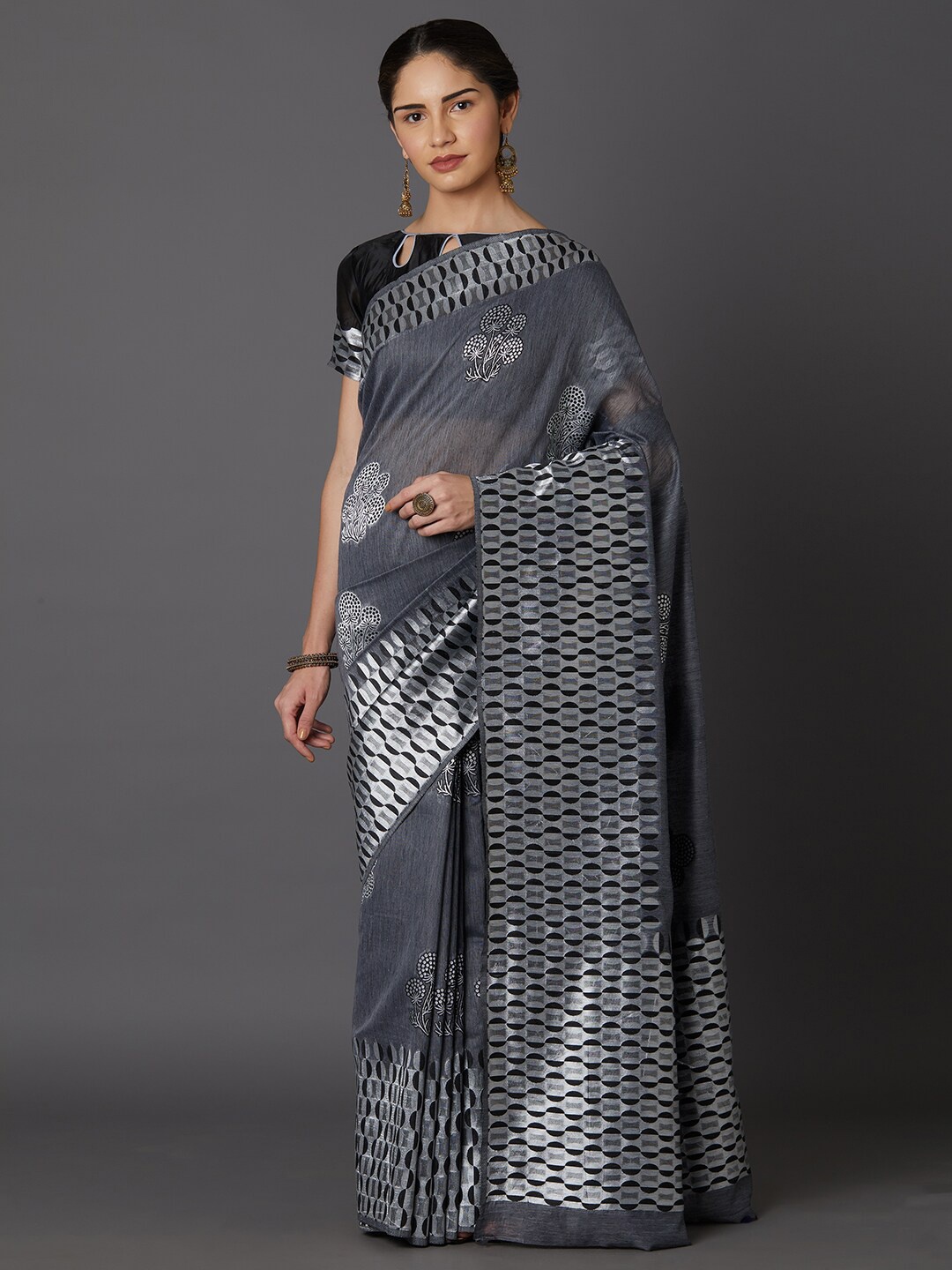 

Mitera Grey & Silver-Toned Woven Design Zari Silk Blend Kanjeevaram Saree