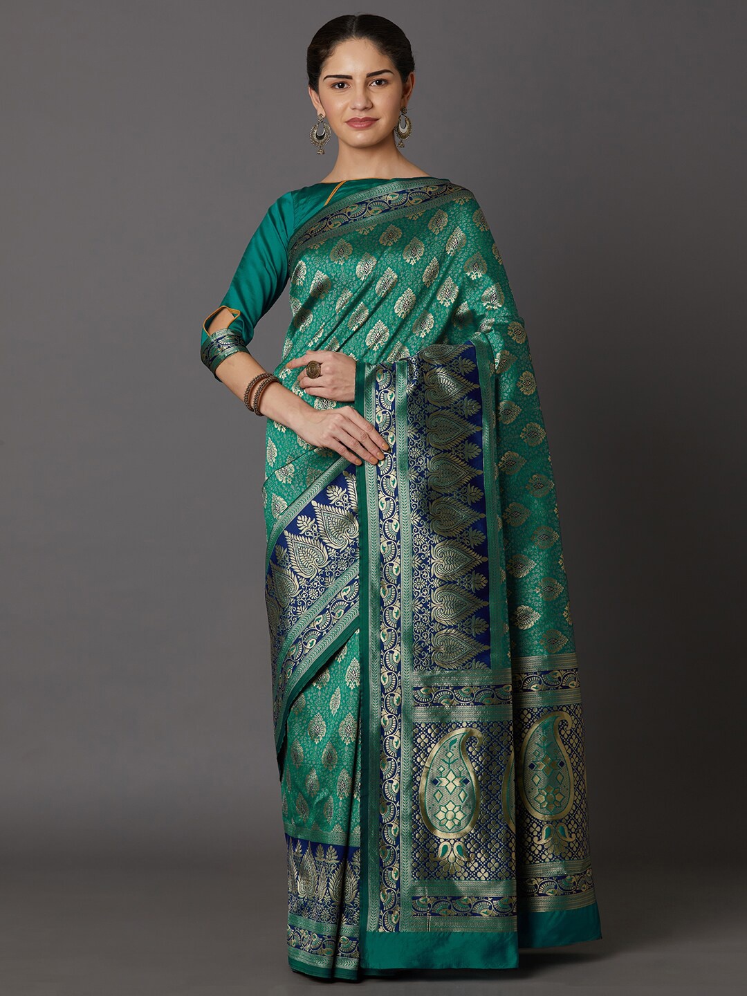 

Mitera Women Green Woven Design Zari Khandua Silk Dharmavaram Saree