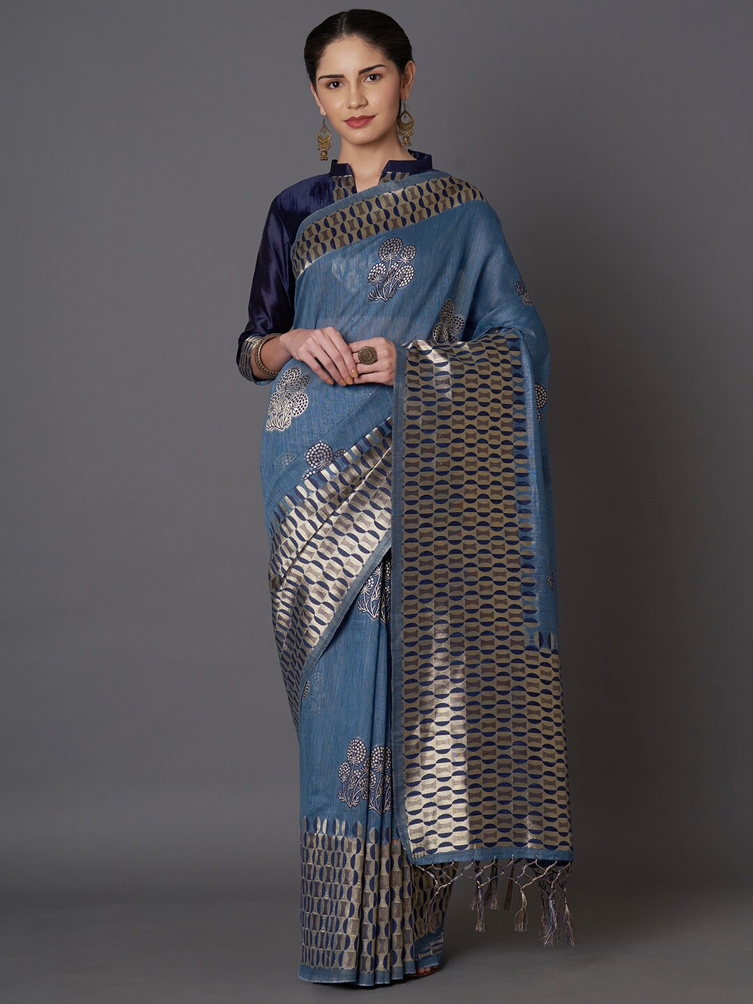 

Mitera Blue & Gold-Toned Floral Zari Art Silk Banarasi Saree