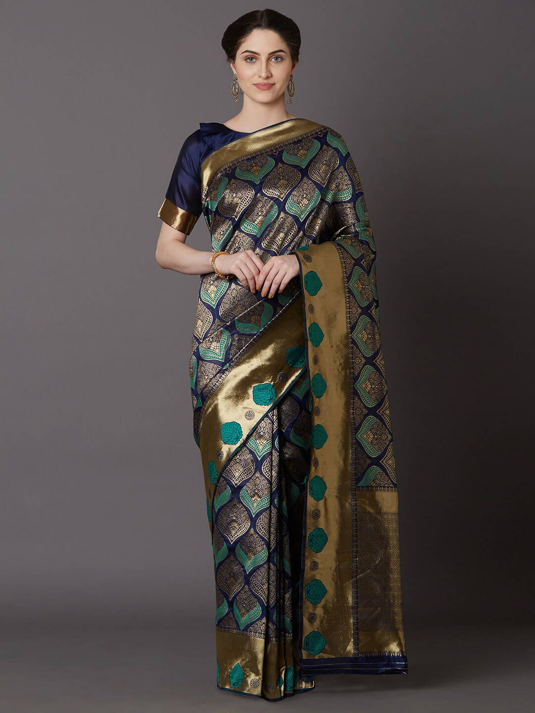 

Mitera Navy Blue & Gold-Toned Woven Design Zari Art Silk Banarasi Saree