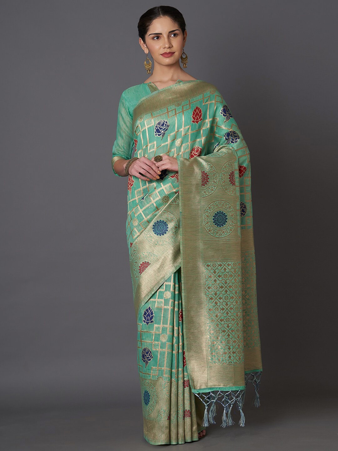 

Mitera Sea Green & Gold-Toned Ethnic Motifs Zari Art Silk Banarasi Saree