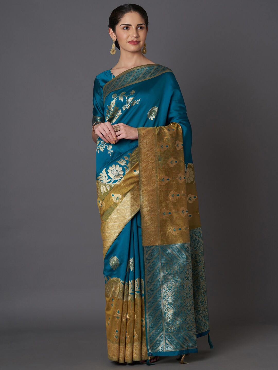 

Mitera Teal & Gold-Toned Woven Design Zari Silk Blend Kasavu Saree