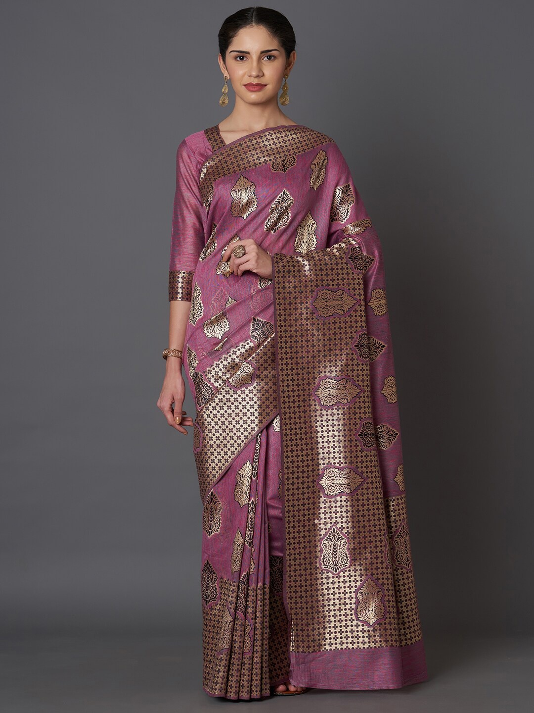 

Mitera Purple & Gold-Toned Woven Design Zari Silk Blend Kasavu Saree