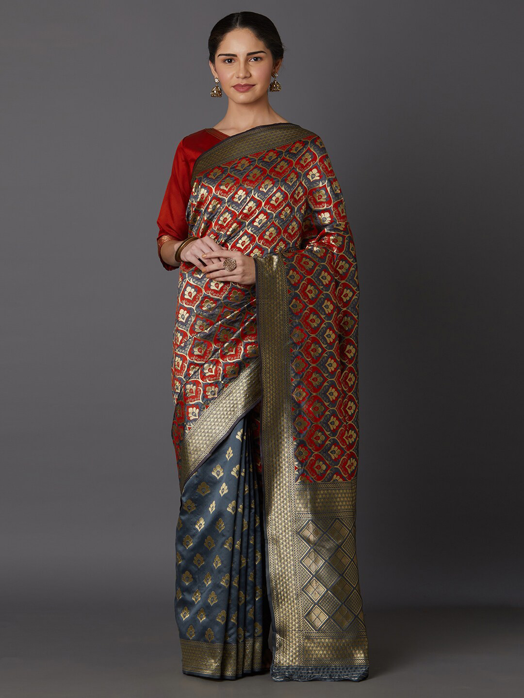 

Mitera Grey & Red Woven Design Zari Silk Blend Kanjeevaram Saree