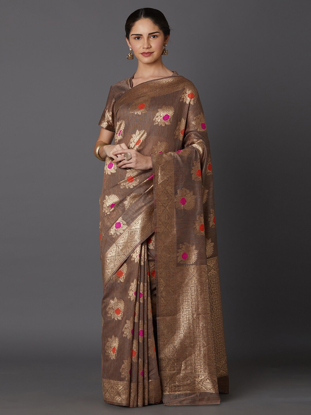 

Mitera Brown & Pink Woven Design Zari Silk Blend Kanjeevaram Saree