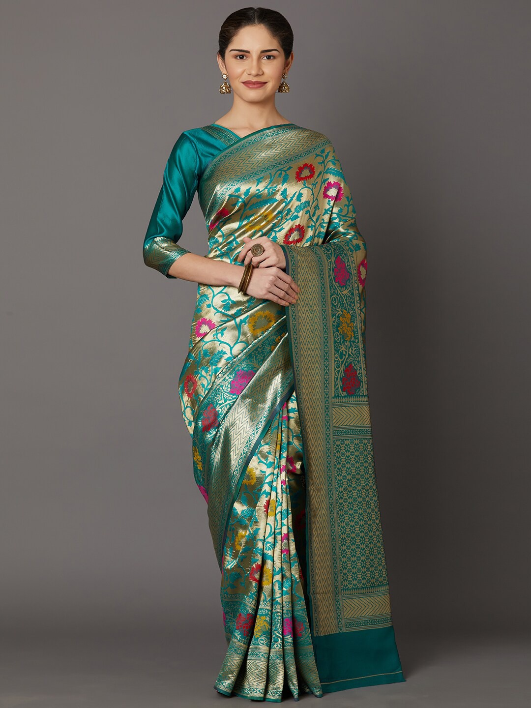 

Mitera Women Floral Printed Zari Silk Blend Kanjeevaram Saree, Turquoise blue