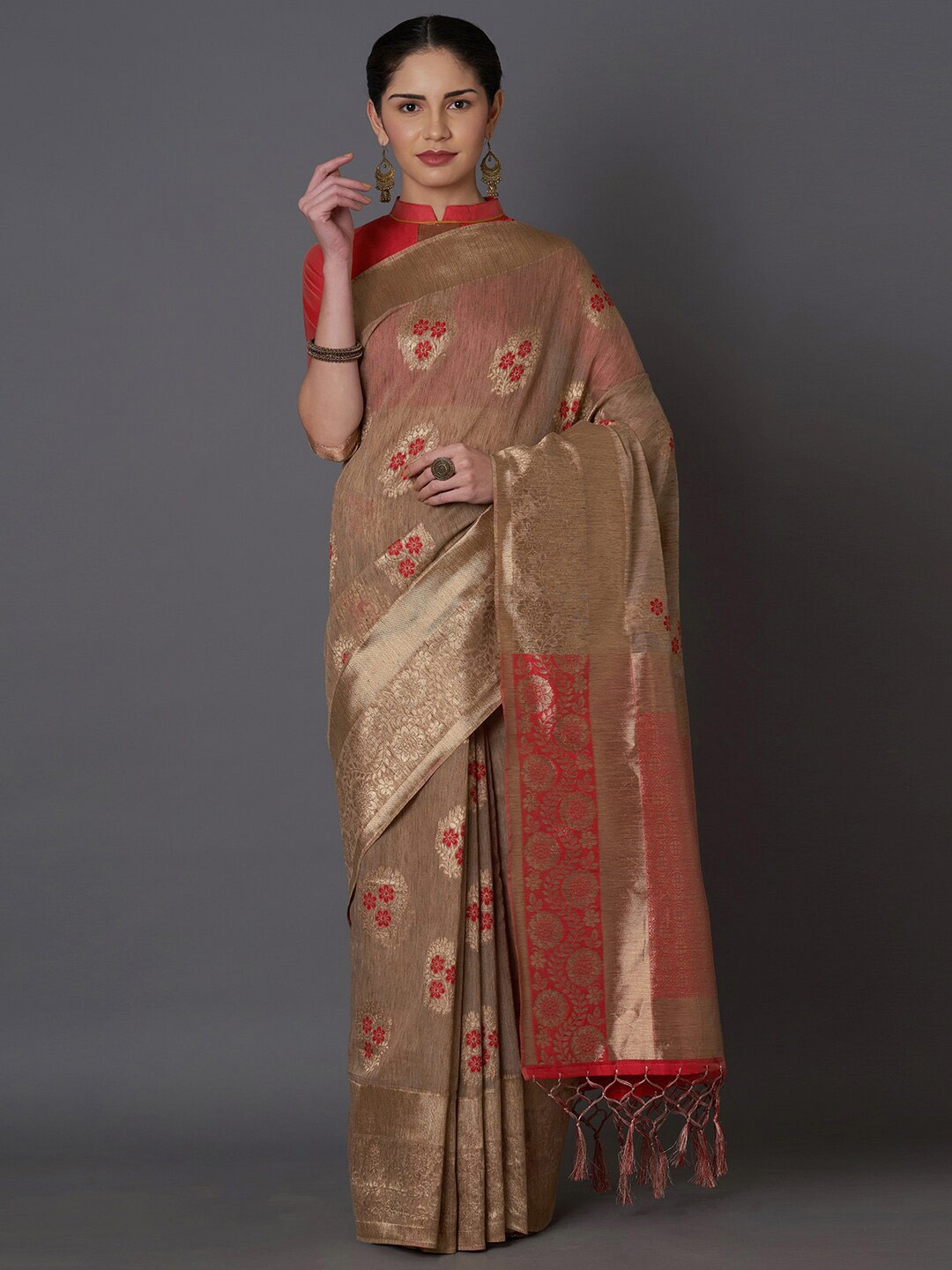 

Mitera Brown & Orange Floral Zari Art Silk Banarasi Saree