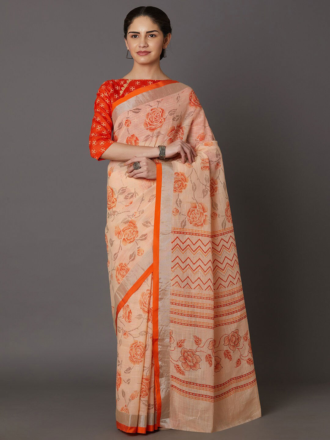 

Mitera Orange & Beige Floral Zari Linen Blend Bomkai silk Saree