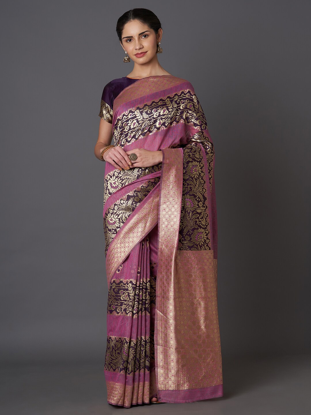 

Mitera Pink & Gold-Toned Woven Design Zari Silk Blend Kasavu Saree