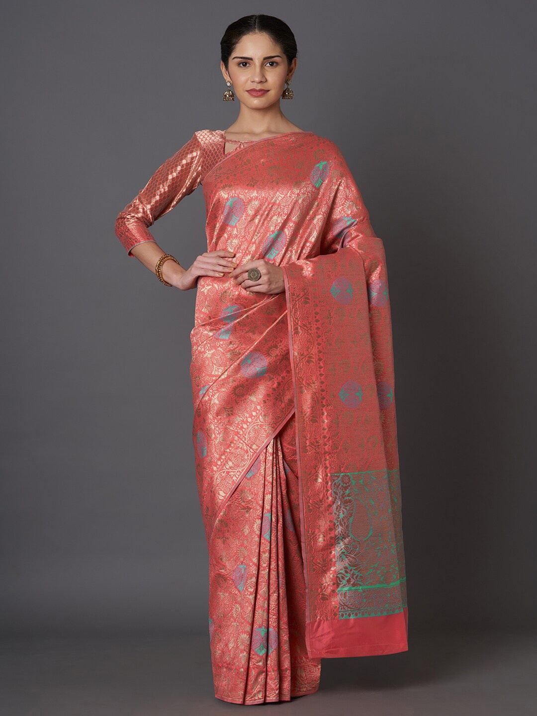 

Mitera Peach-Coloured & Grey Ethnic Motifs Zari Silk Blend Kasavu Saree