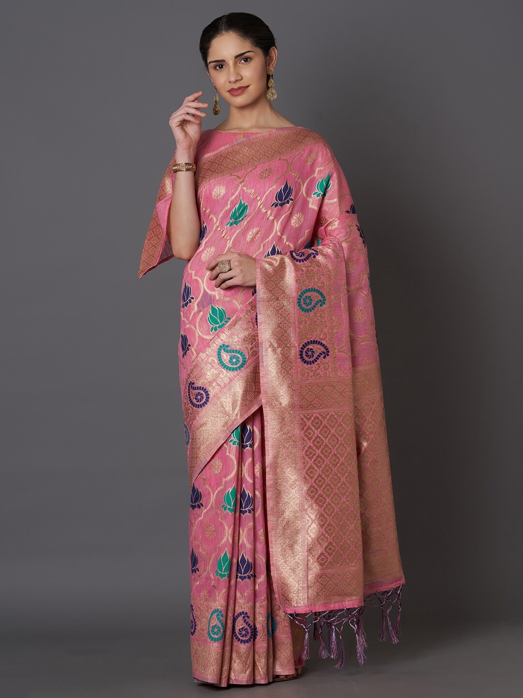 

Mitera Women Pink Ethnic Motifs Zari Silk Blend Kasavu Saree