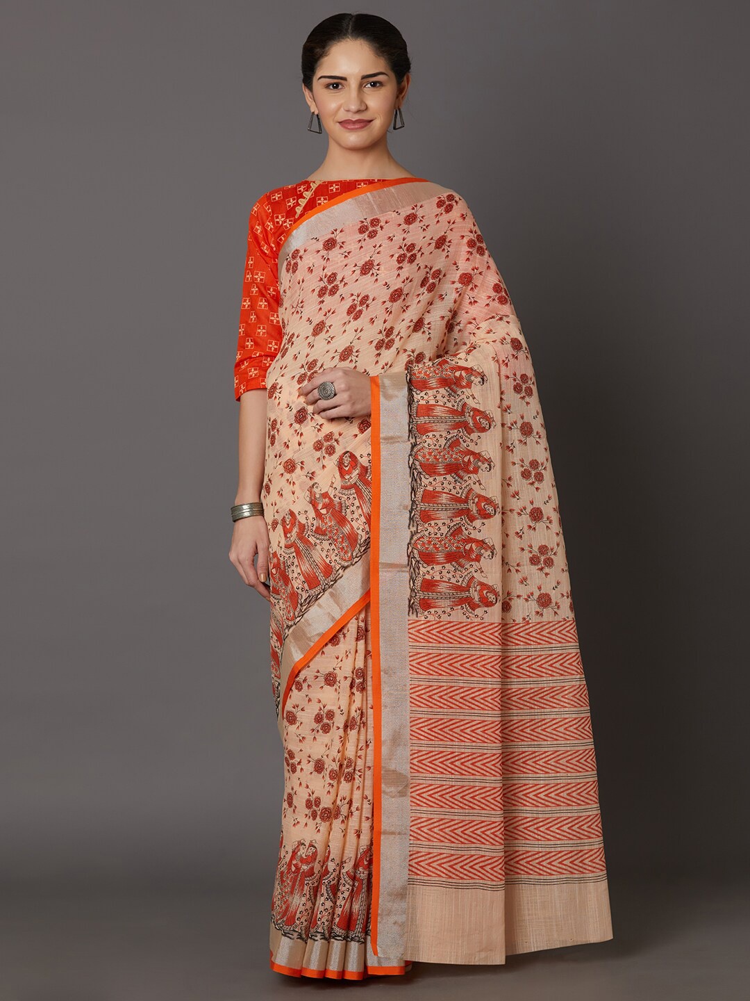 

Mitera Orange & Silver-Toned Floral Zari Linen Blend Silk Saree