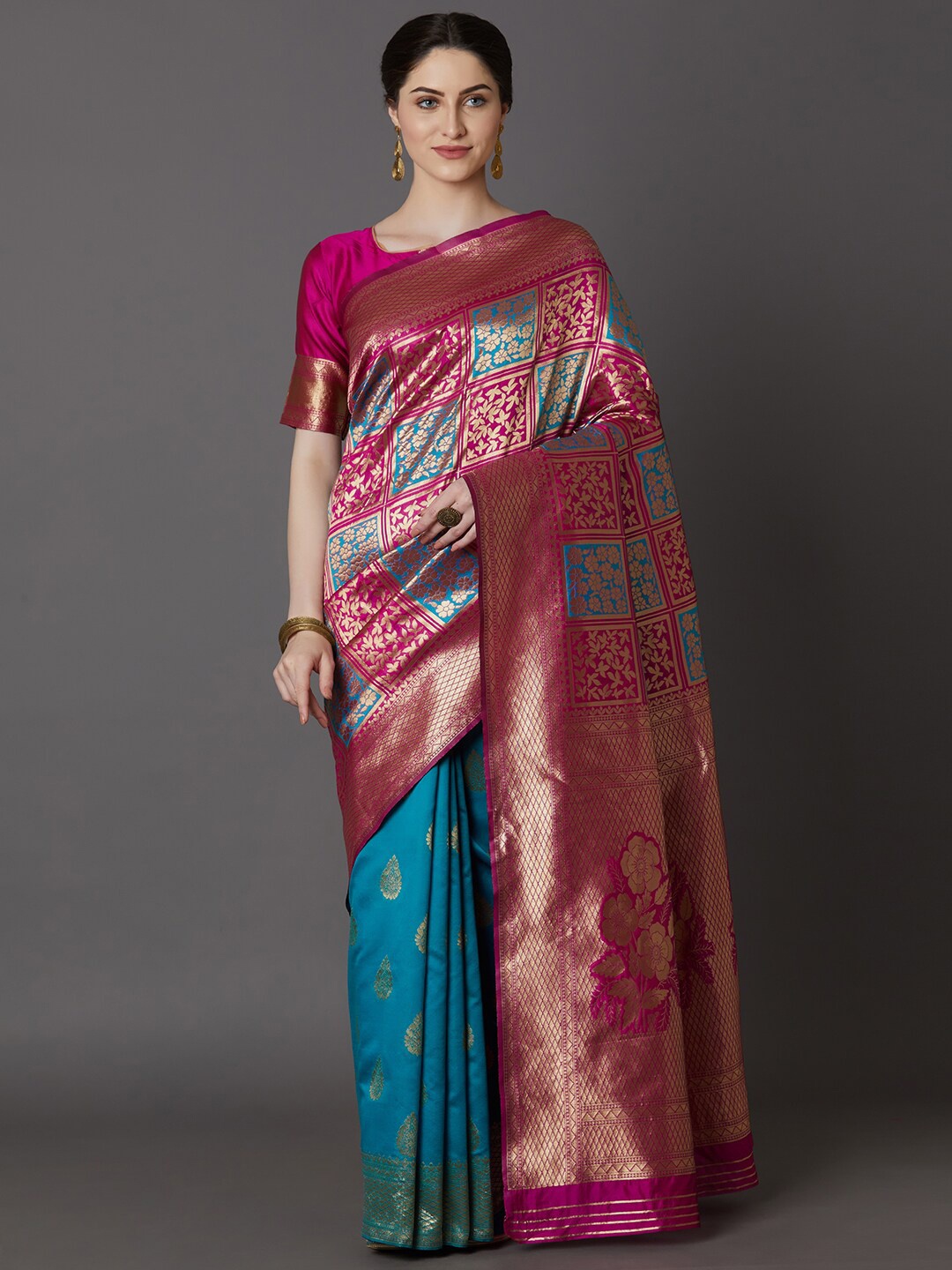 

Mitera Blue & Pink Floral Zari Khandua Silk Dharmavaram Saree